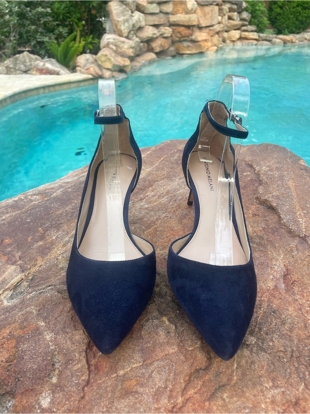 ANTONIO MELANI Navy Suede Pointed Ankle-Strap Heels